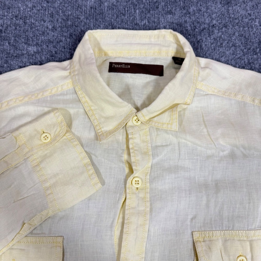 Perry Ellis Linen Button Down Guayabera Style Mens XL Yellow 100% Linen EUC